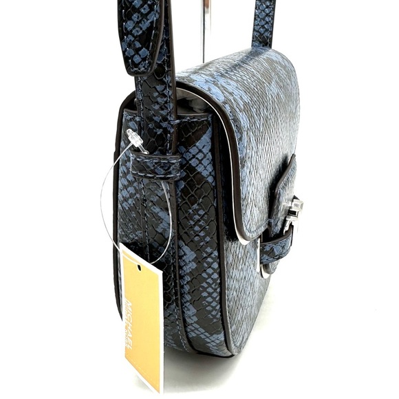 Michael Kors Small Reed Leather Saddle Crossbody Bag Snakeskin Denim - Picture 5 of 11